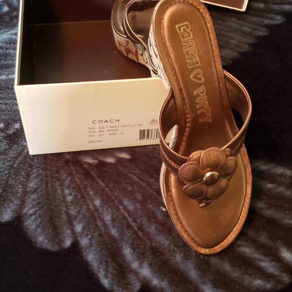 Bronze tan Coach Poppy Wedge Sandals sz 8.5